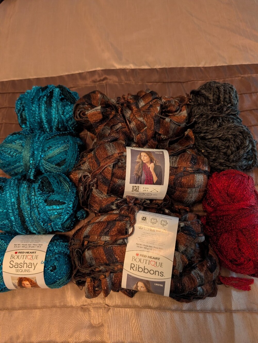 Assorted Lot of Fun Yarn Sashay & Ribbon Yarn - Teal, Brown, Red